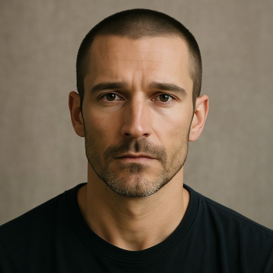 Young man with clean military buzz cut after virtual transformation
