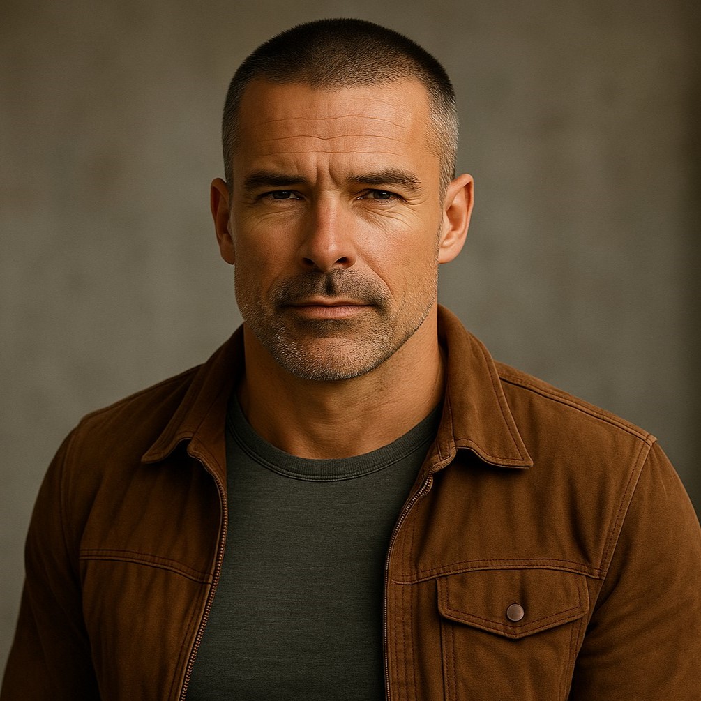 Asian man with sharp military buzz cut after AI transformation