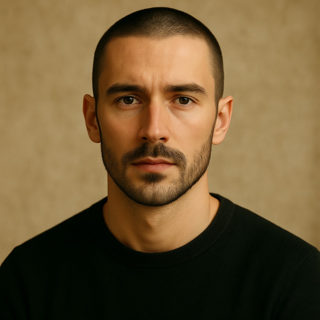 Man with clean short buzz cut after using simulator