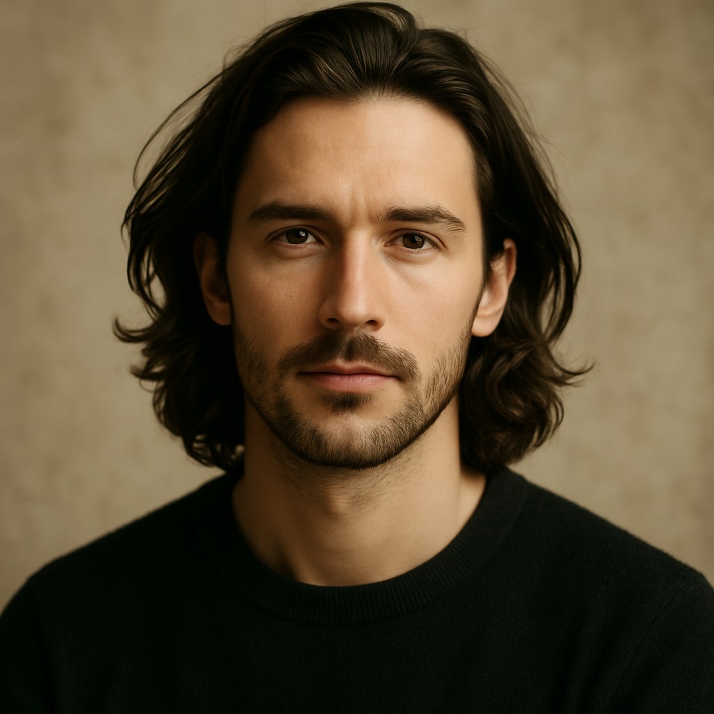 Man with curly hair before virtual buzz cut preview