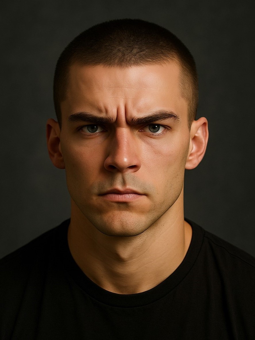 Man with perfect military buzz cut after virtual transformation