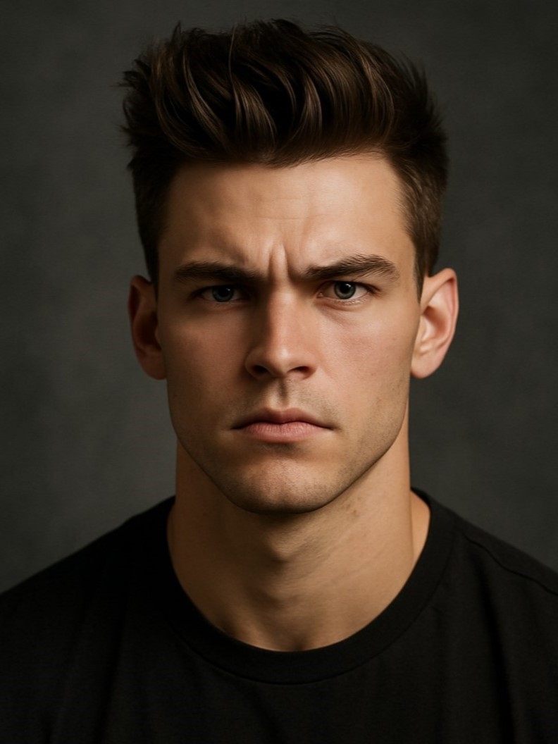 Man with regular hairstyle before using buzz cut simulator