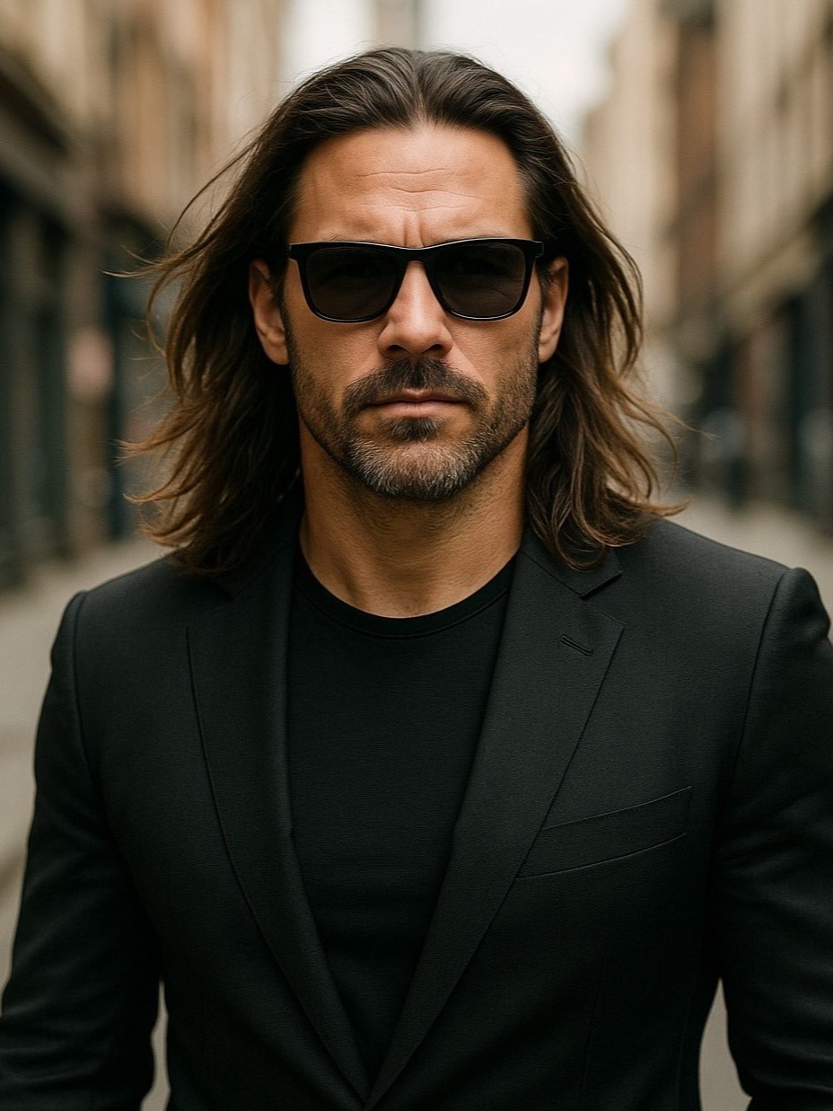 Senior man with long hair before virtual buzz cut simulation